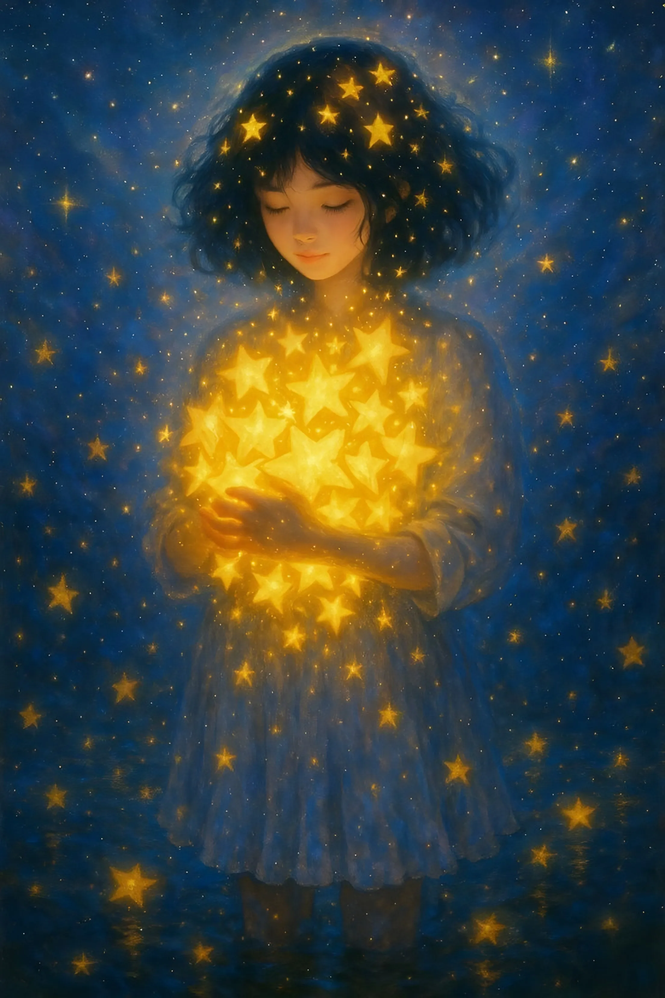 Illustration : une enfant serre contre elle un bouquet d’étoiles lumineuses
